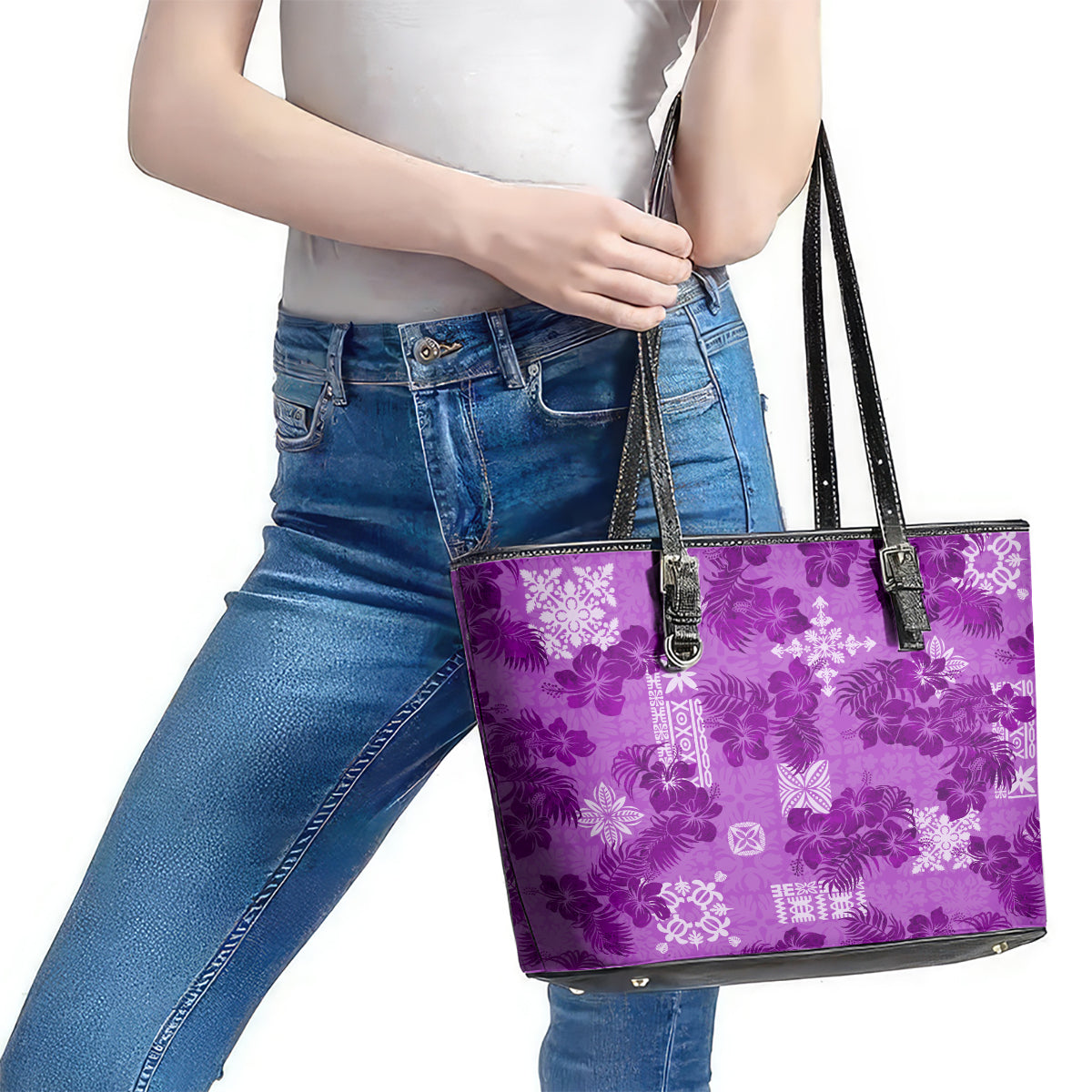 Hawaii Tapa Leather Tote Bag Hibiscus Mix Hawaiian Quilt Patches - Violet LT7