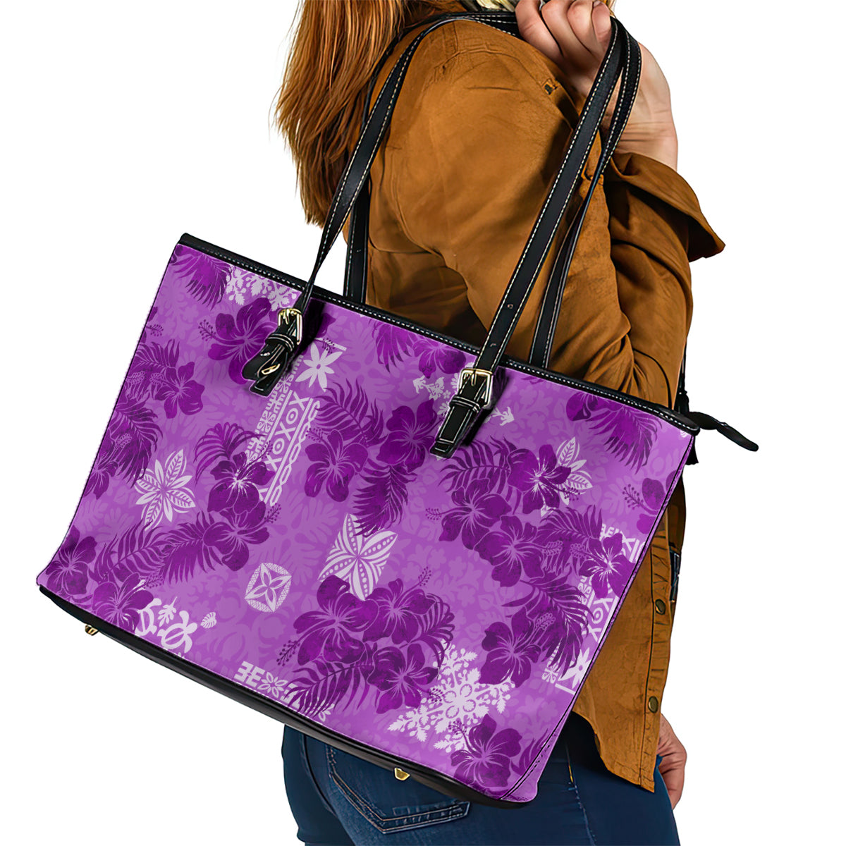 Hawaii Tapa Leather Tote Bag Hibiscus Mix Hawaiian Quilt Patches - Violet LT7