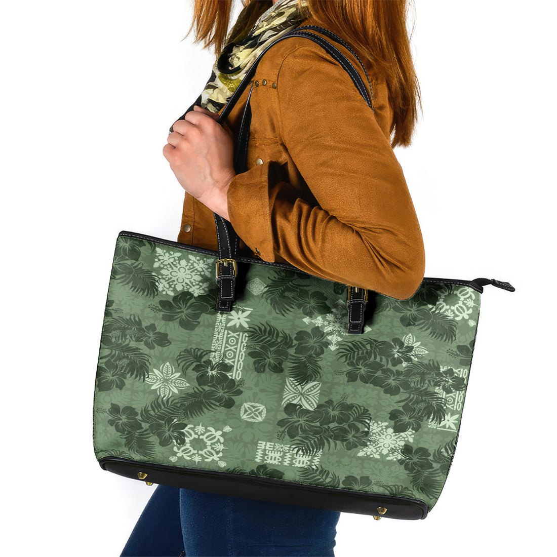 Hawaii Tapa Leather Tote Bag Hibiscus Mix Hawaiian Quilt Patches - Sage Green LT7