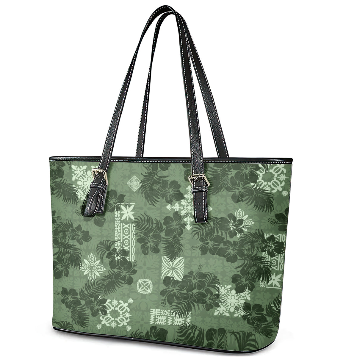 Hawaii Tapa Leather Tote Bag Hibiscus Mix Hawaiian Quilt Patches - Sage Green LT7