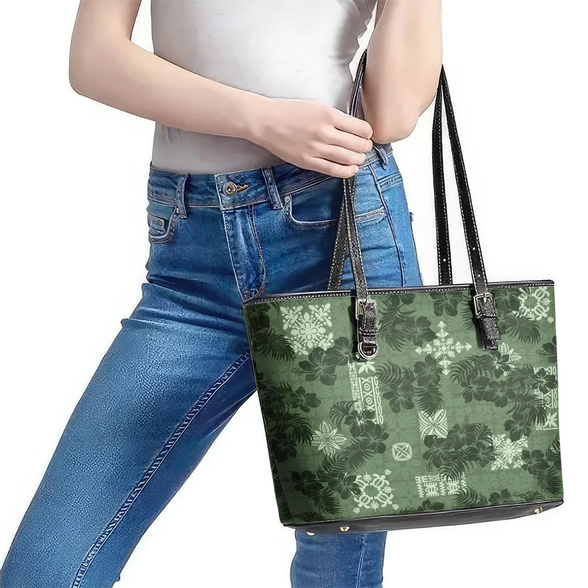Hawaii Tapa Leather Tote Bag Hibiscus Mix Hawaiian Quilt Patches - Sage Green LT7