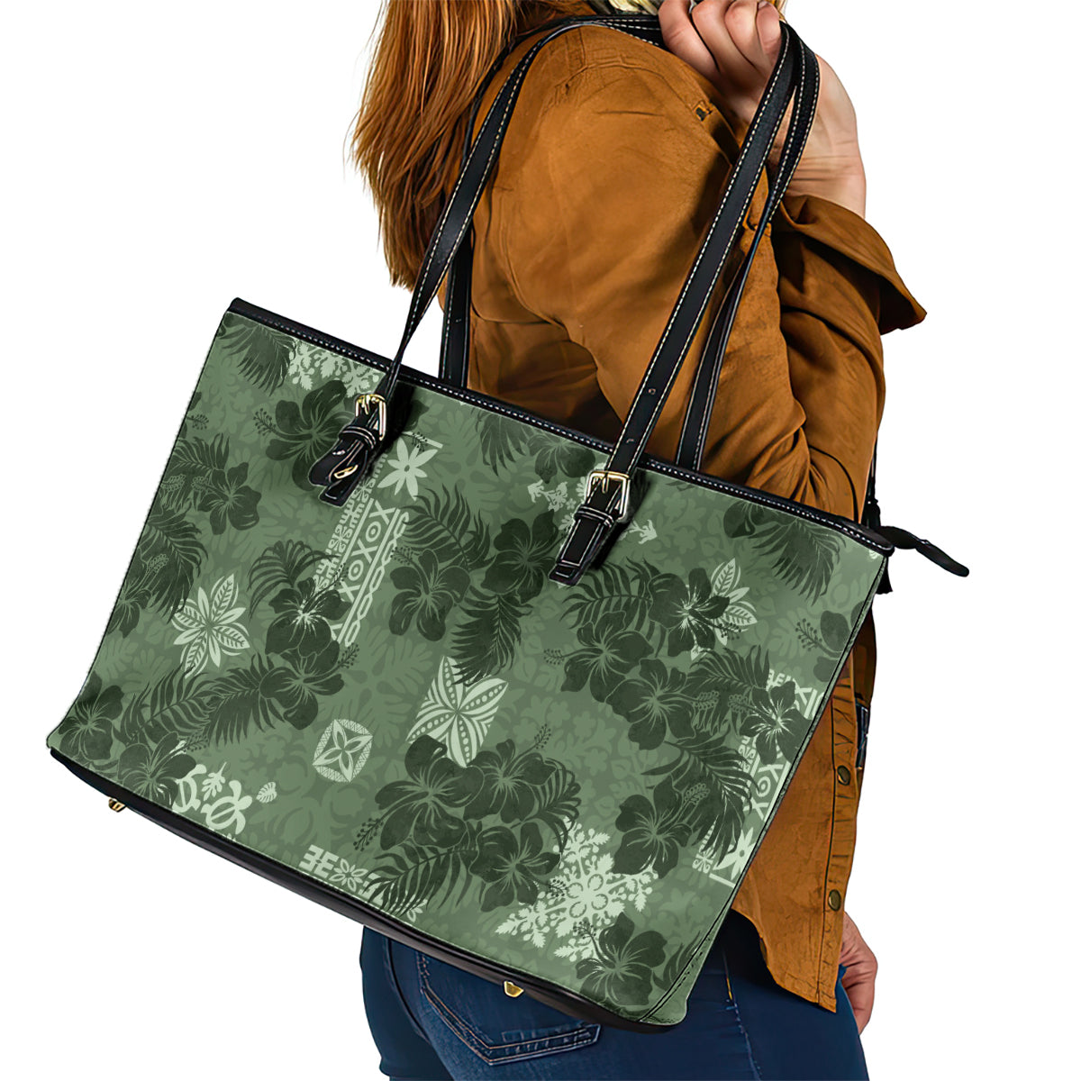 Hawaii Tapa Leather Tote Bag Hibiscus Mix Hawaiian Quilt Patches - Sage Green LT7