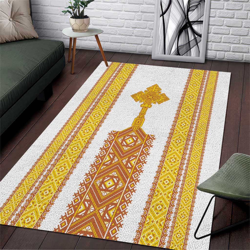 Habesha Motifs Ethiopia Area Rug Tilet White Gold LT7