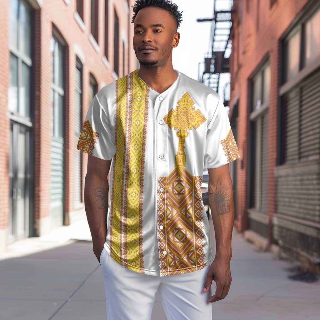 Habesha Motifs Ethiopia Baseball Jersey Tilet White Gold LT7