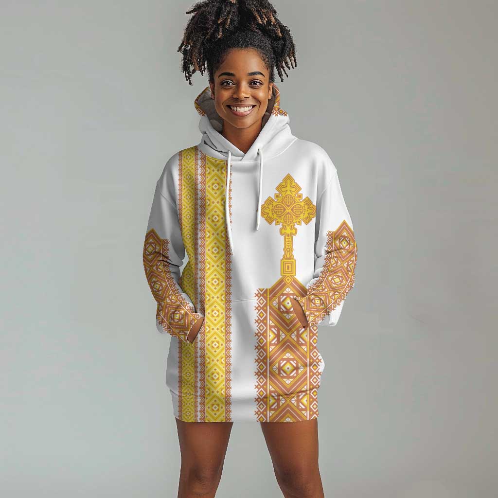 Habesha Motifs Ethiopia Hoodie Dress Tilet White Gold LT7