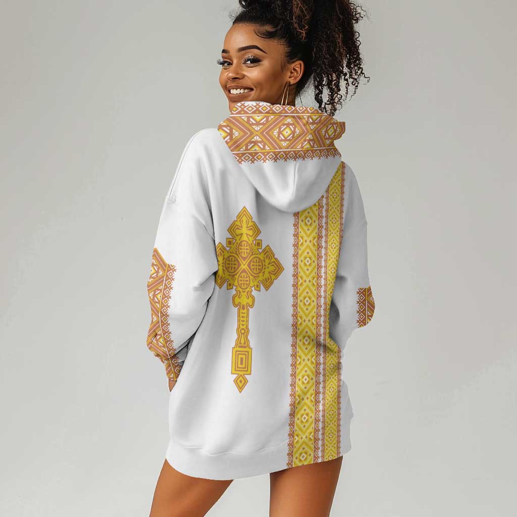 Habesha Motifs Ethiopia Hoodie Dress Tilet White Gold LT7