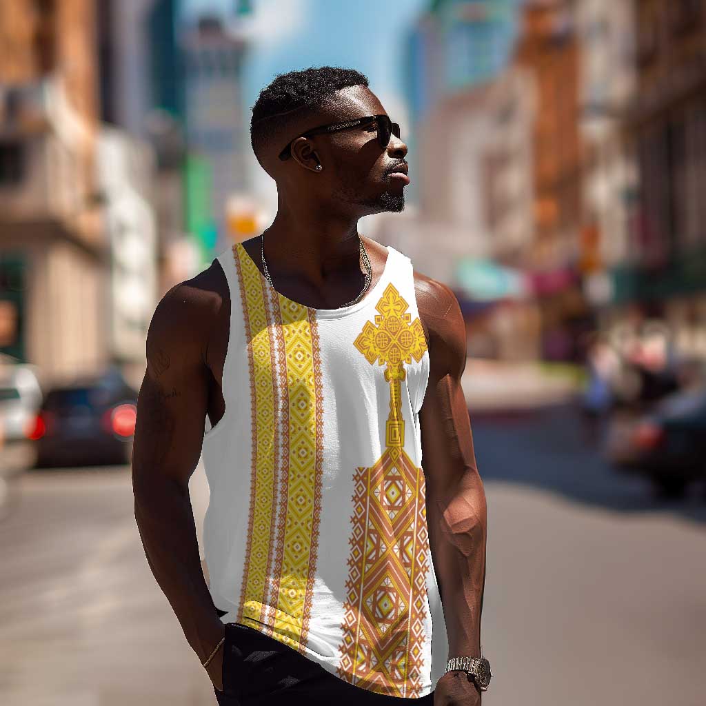 Habesha Motifs Ethiopia Men Tank Top Tilet White Gold LT7