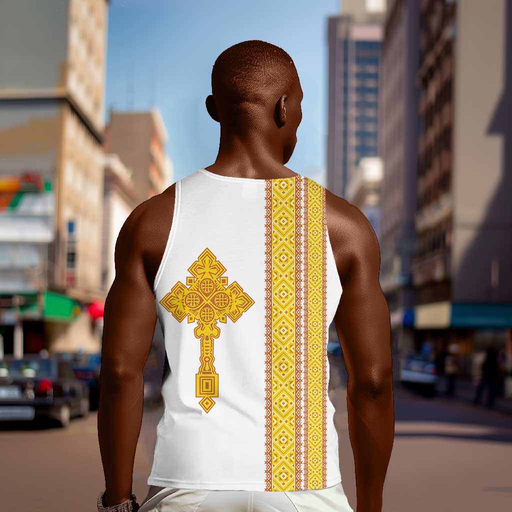 Habesha Motifs Ethiopia Men Tank Top Tilet White Gold LT7