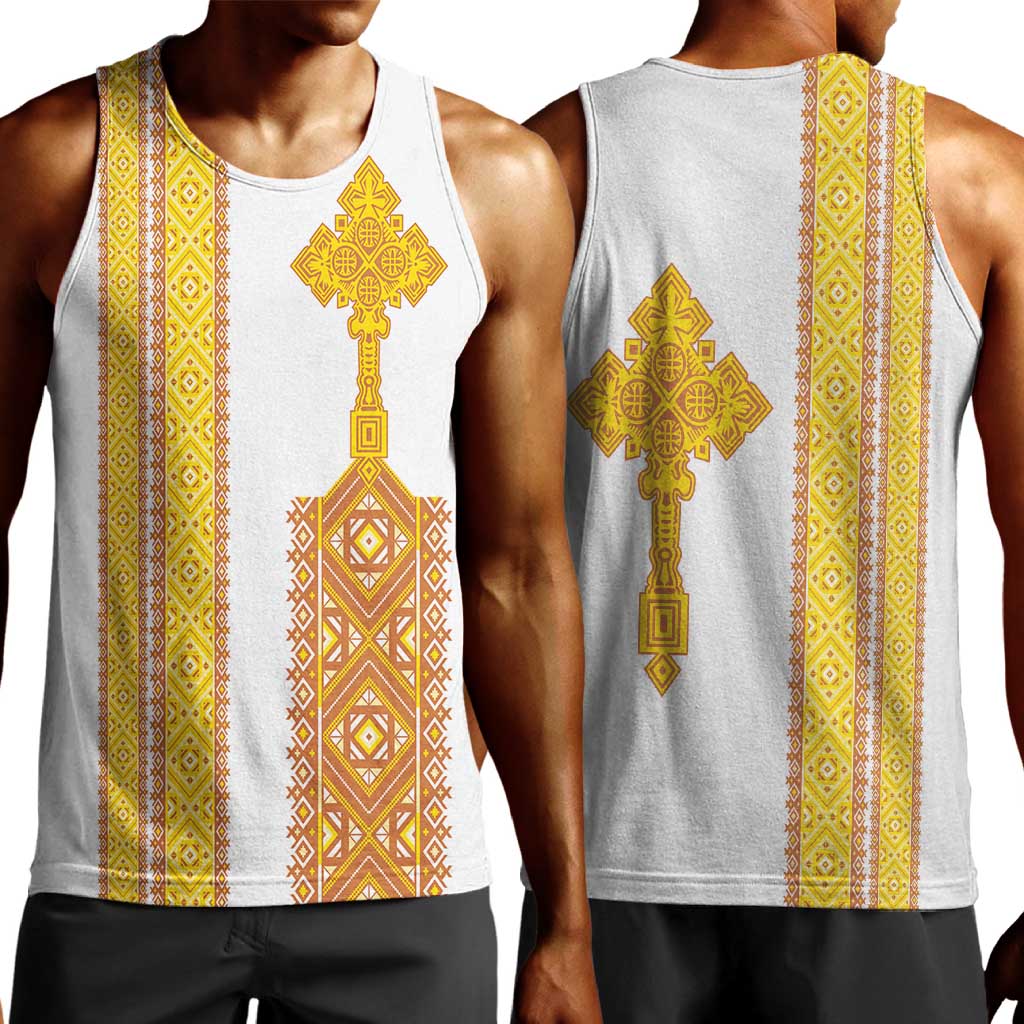 Habesha Motifs Ethiopia Men Tank Top Tilet White Gold LT7