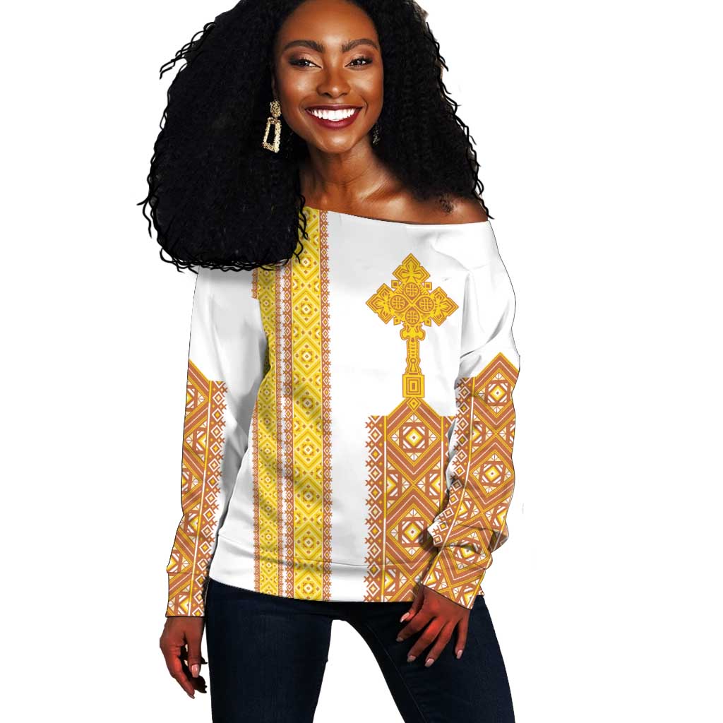 Habesha Motifs Ethiopia Off Shoulder Sweater Tilet White Gold LT7