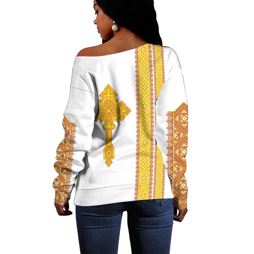 Habesha Motifs Ethiopia Off Shoulder Sweater Tilet White Gold LT7