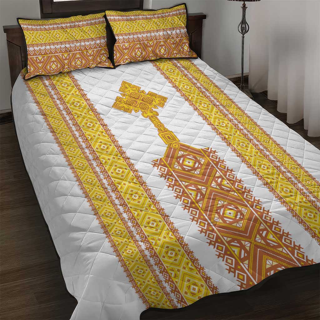 Habesha Motifs Ethiopia Quilt Bed Set Tilet White Gold LT7