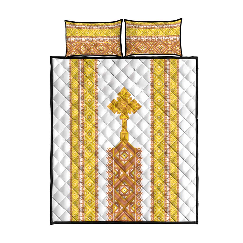 Habesha Motifs Ethiopia Quilt Bed Set Tilet White Gold LT7