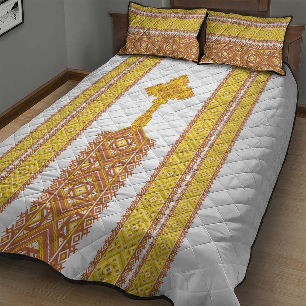 Habesha Motifs Ethiopia Quilt Bed Set Tilet White Gold LT7