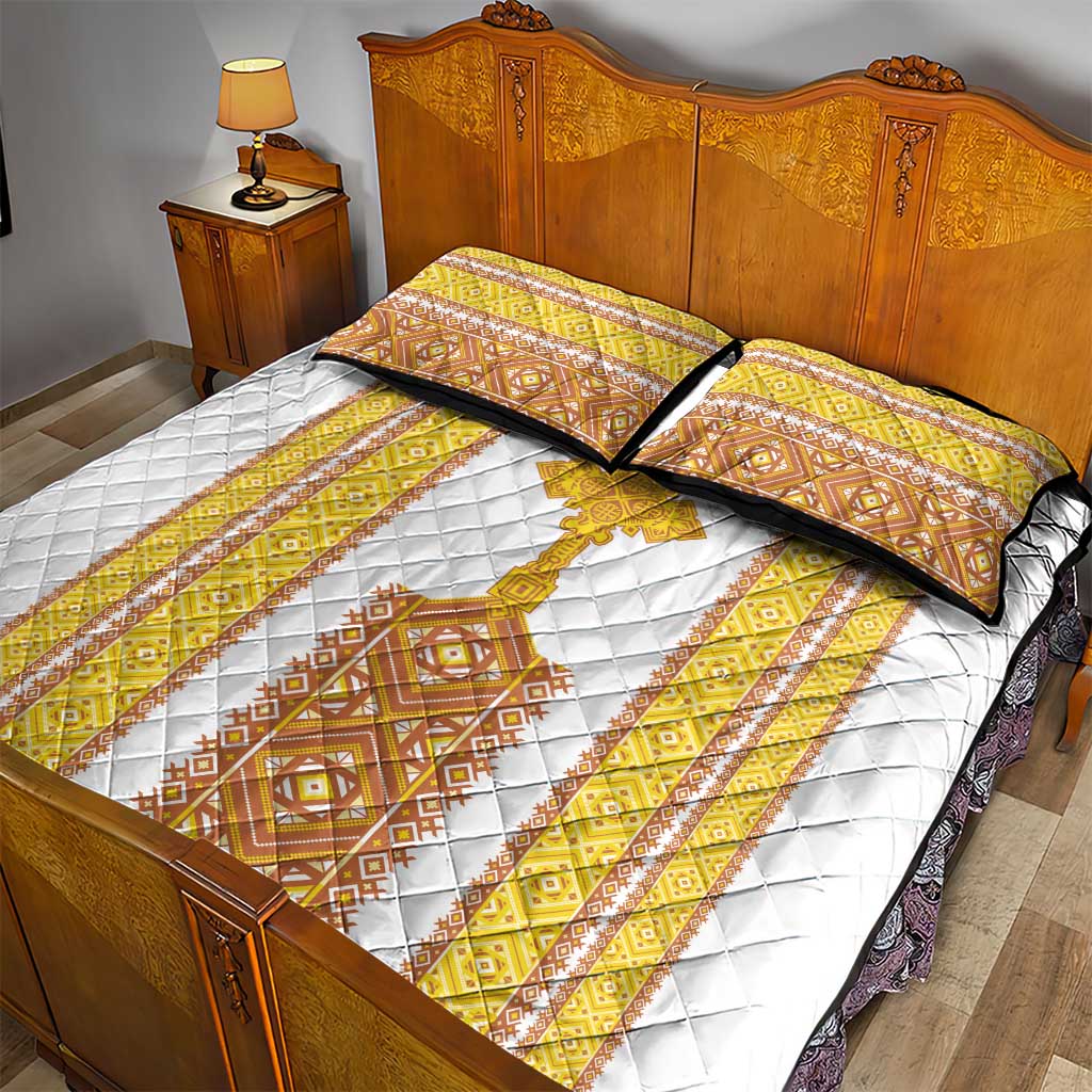 Habesha Motifs Ethiopia Quilt Bed Set Tilet White Gold LT7
