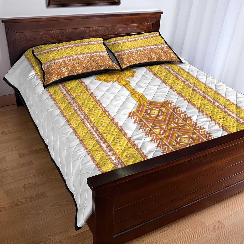 Habesha Motifs Ethiopia Quilt Bed Set Tilet White Gold LT7