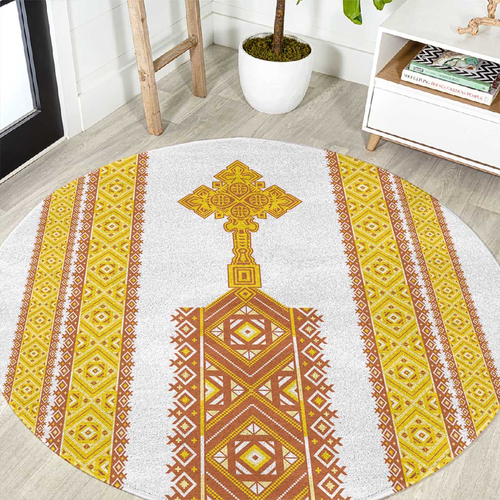 Habesha Motifs Ethiopia Round Carpet Tilet White Gold LT7