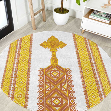 Habesha Motifs Ethiopia Round Carpet Tilet White Gold LT7