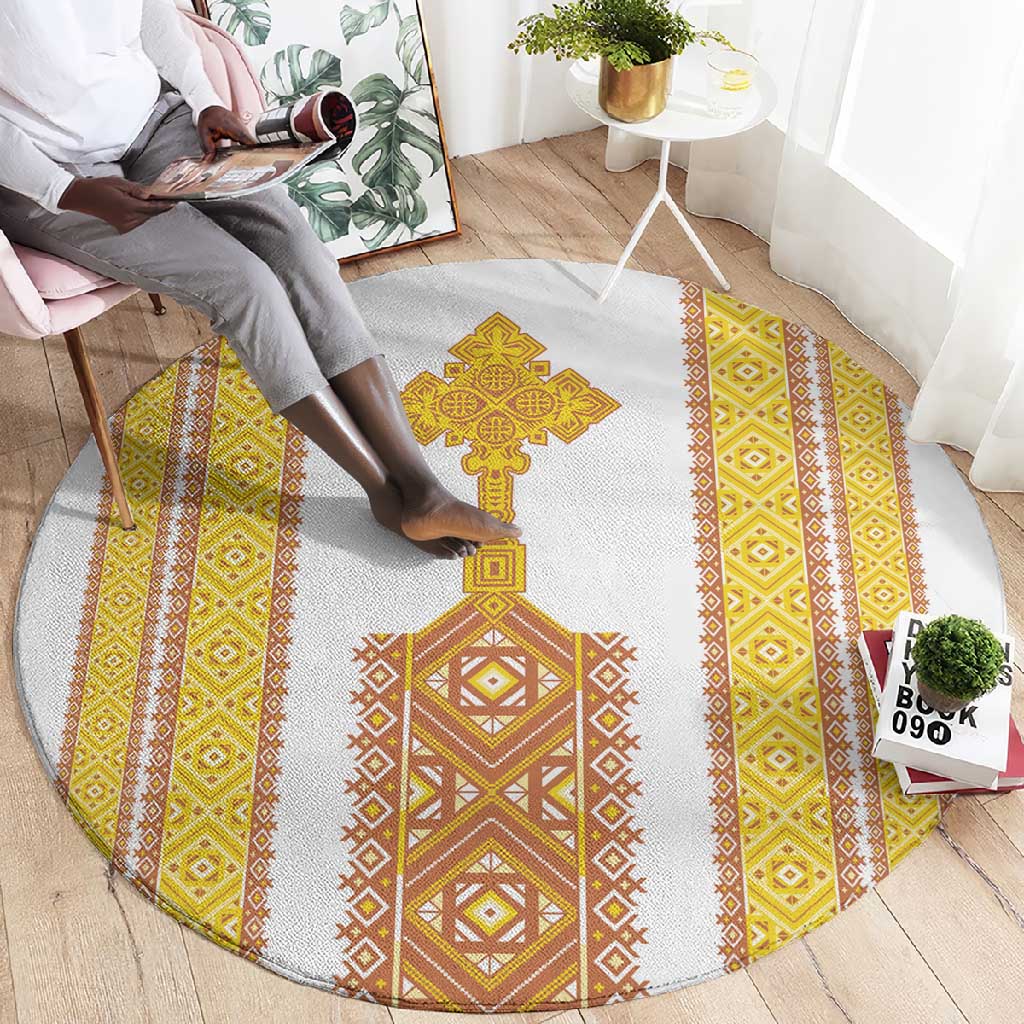 Habesha Motifs Ethiopia Round Carpet Tilet White Gold LT7
