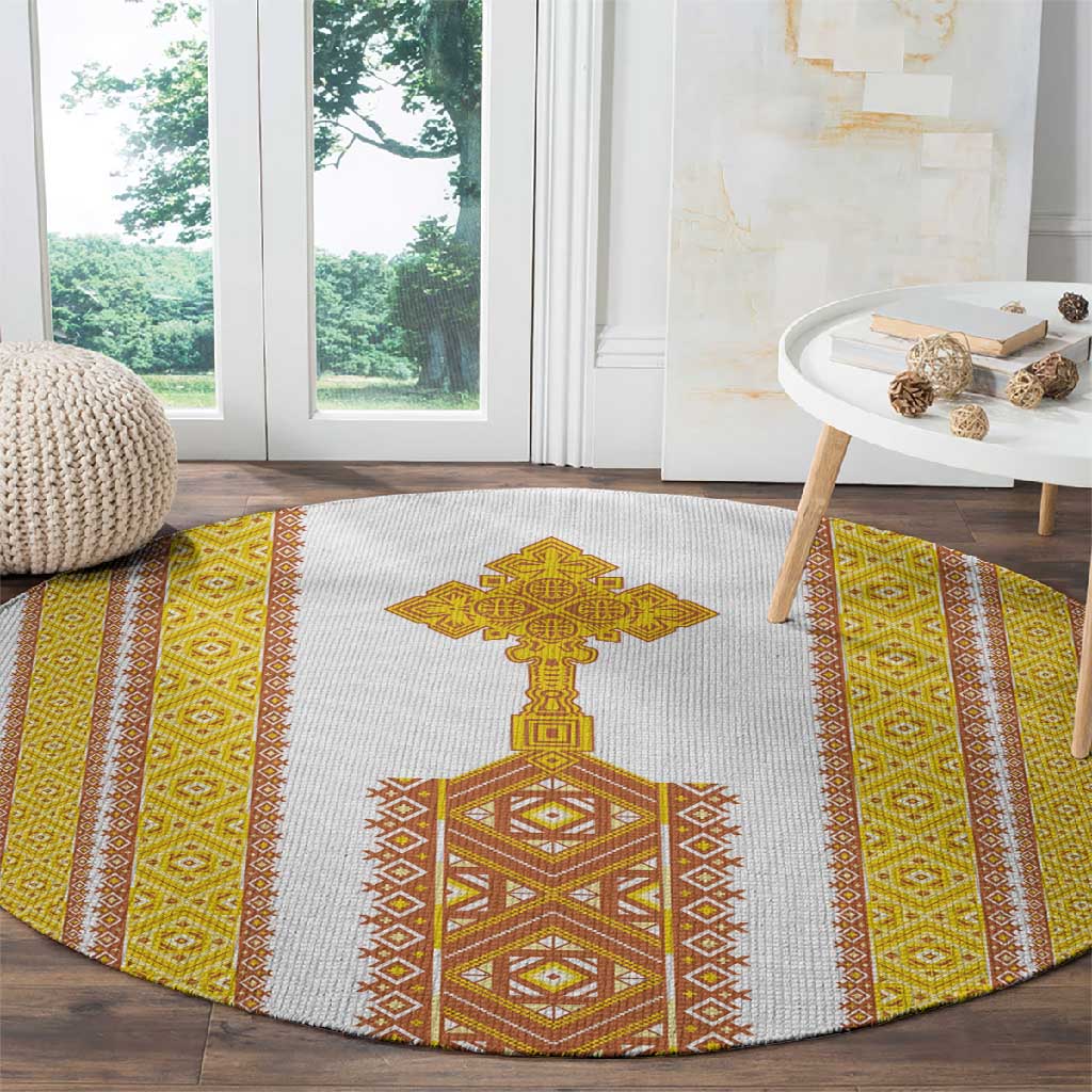 Habesha Motifs Ethiopia Round Carpet Tilet White Gold LT7