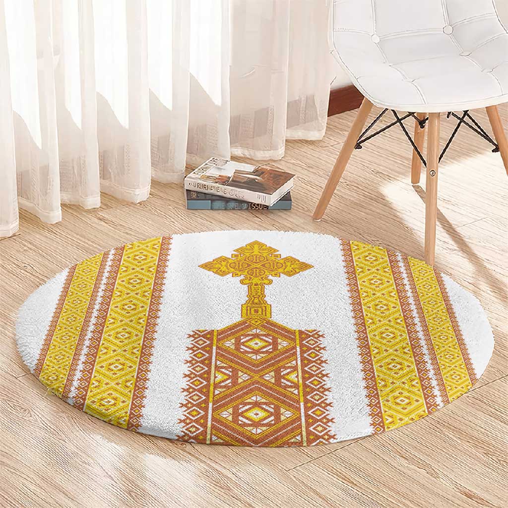 Habesha Motifs Ethiopia Round Carpet Tilet White Gold LT7