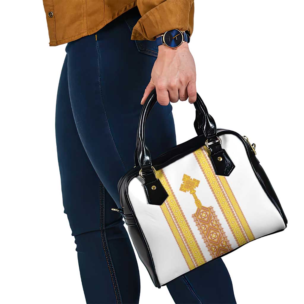 Habesha Motifs Ethiopia Shoulder Handbag Tilet White Gold LT7