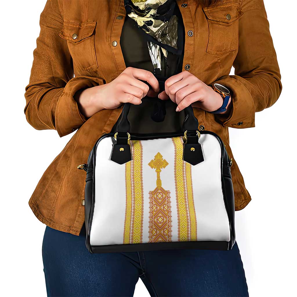 Habesha Motifs Ethiopia Shoulder Handbag Tilet White Gold LT7