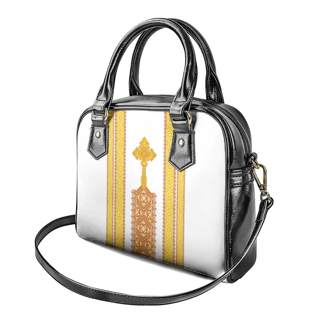 Habesha Motifs Ethiopia Shoulder Handbag Tilet White Gold LT7