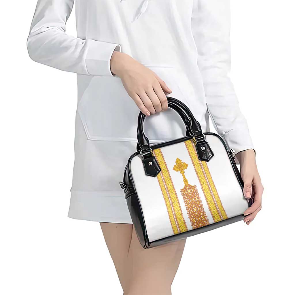 Habesha Motifs Ethiopia Shoulder Handbag Tilet White Gold LT7