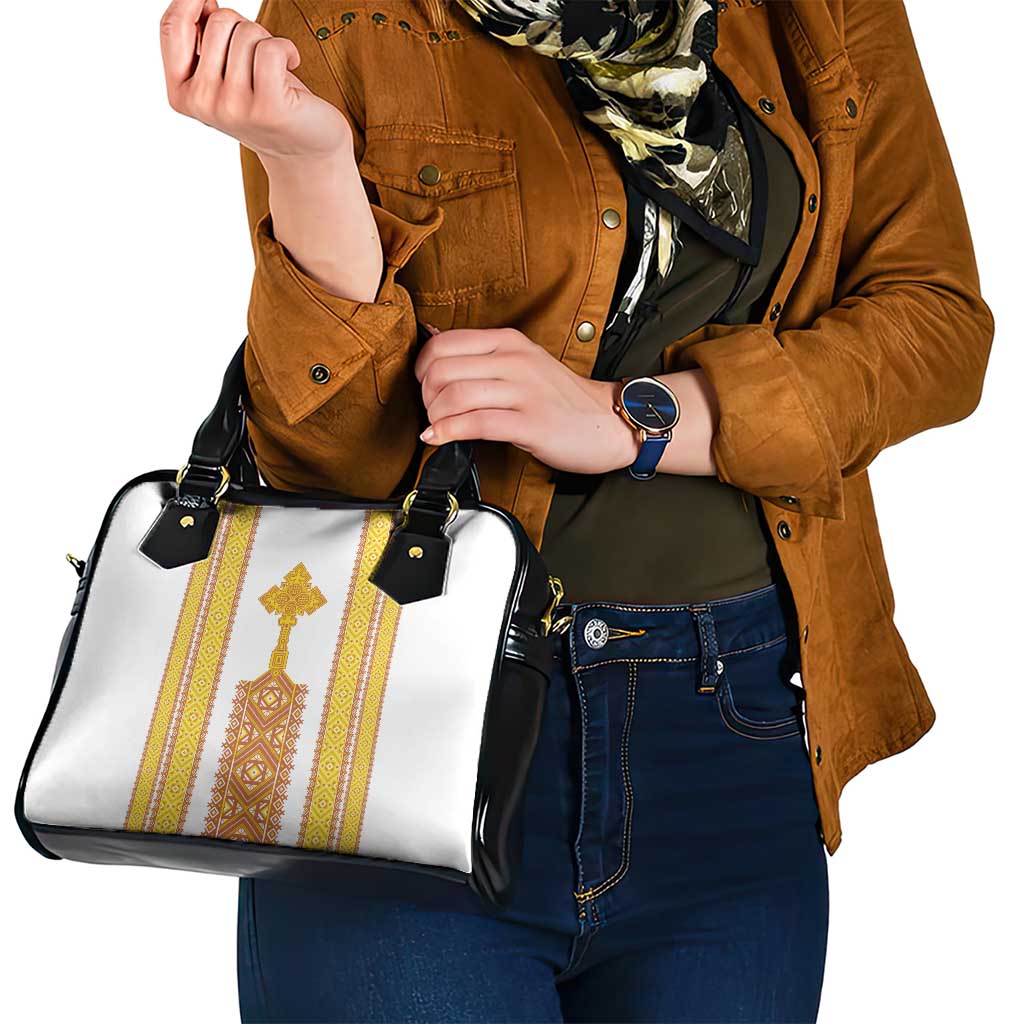 Habesha Motifs Ethiopia Shoulder Handbag Tilet White Gold LT7