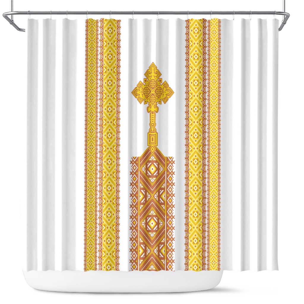 Habesha Motifs Ethiopia Shower Curtain Tilet White Gold LT7
