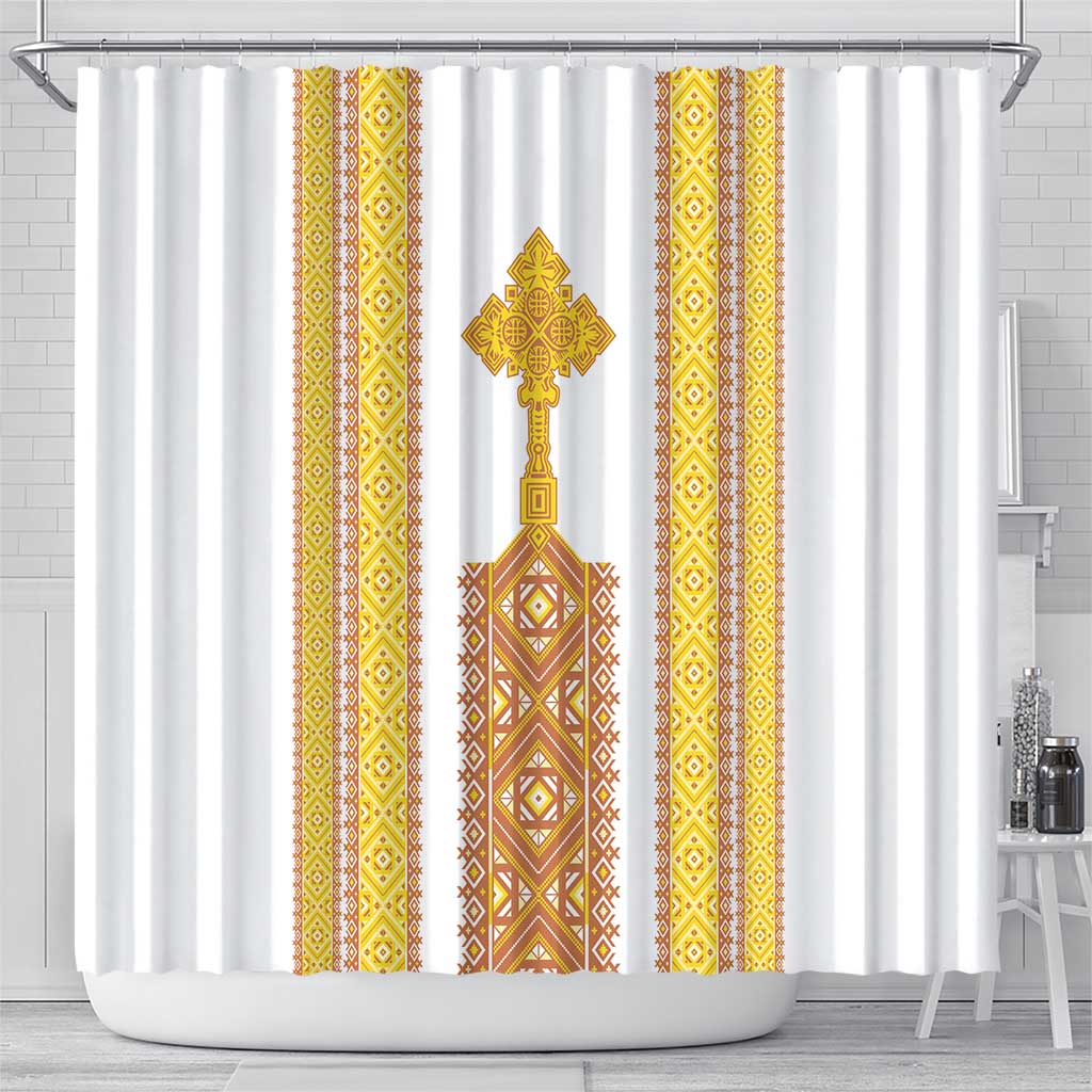 Habesha Motifs Ethiopia Shower Curtain Tilet White Gold LT7