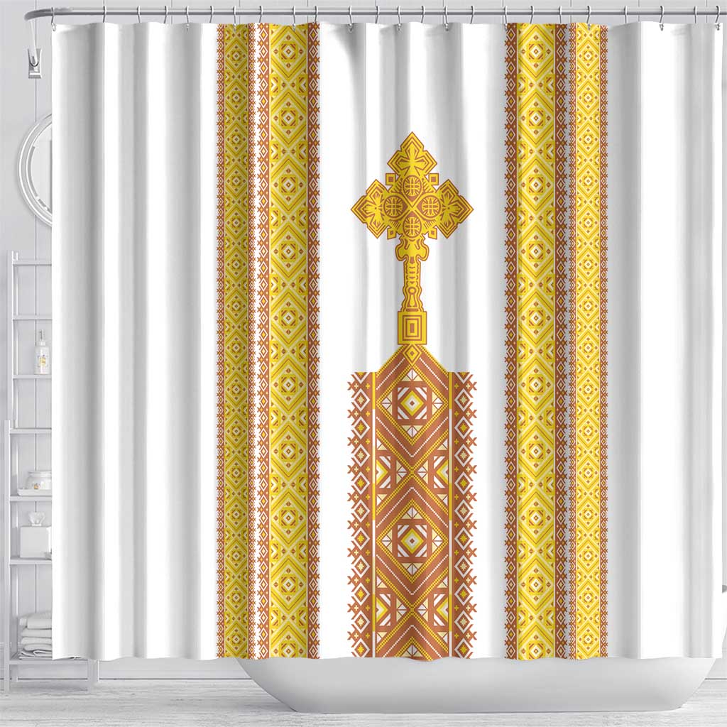 Habesha Motifs Ethiopia Shower Curtain Tilet White Gold LT7