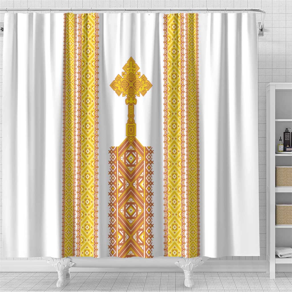 Habesha Motifs Ethiopia Shower Curtain Tilet White Gold LT7
