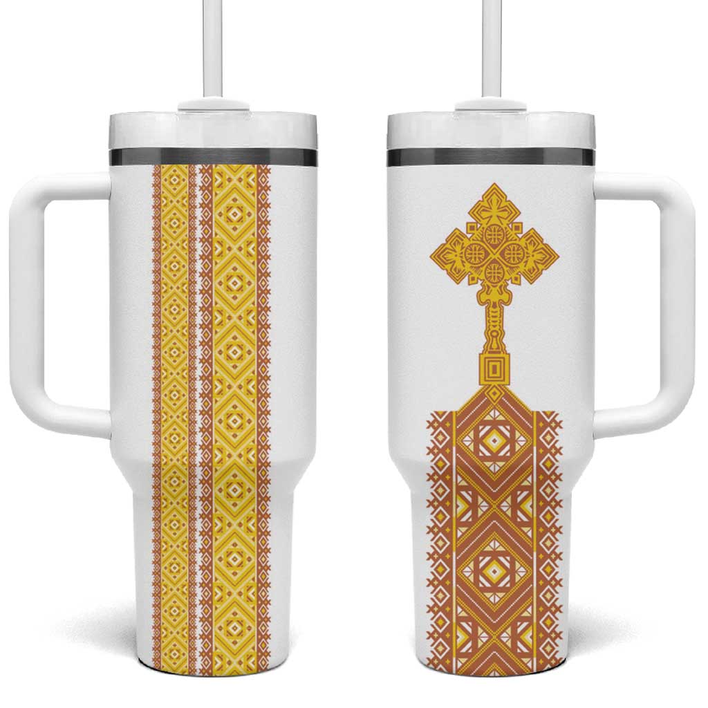Habesha Motifs Ethiopia Tumbler With Handle Tilet White Gold LT7
