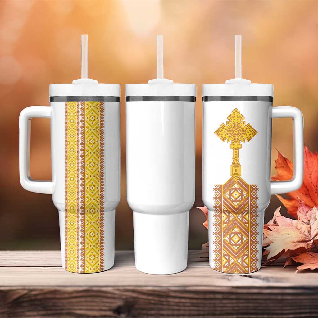 Habesha Motifs Ethiopia Tumbler With Handle Tilet White Gold LT7