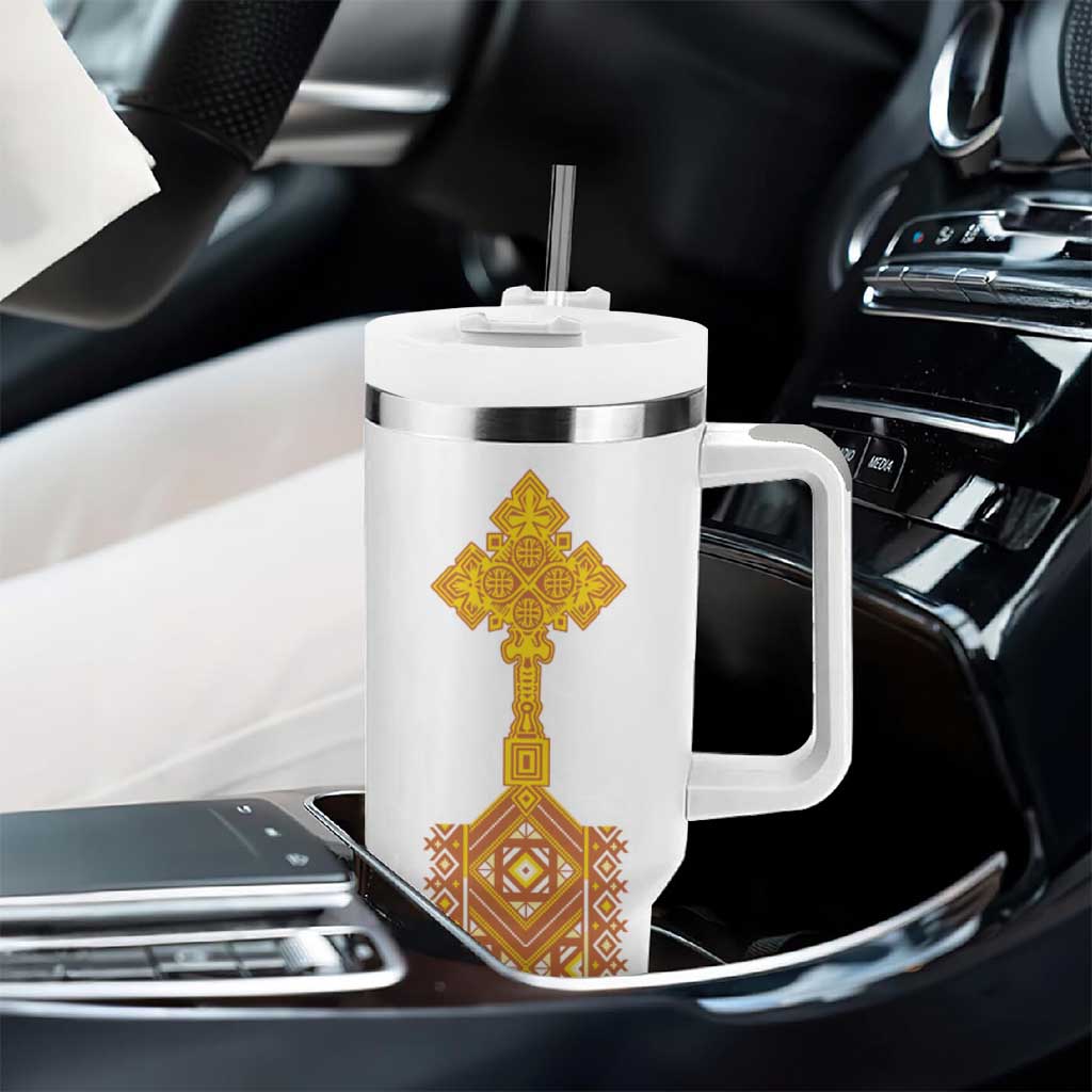 Habesha Motifs Ethiopia Tumbler With Handle Tilet White Gold LT7