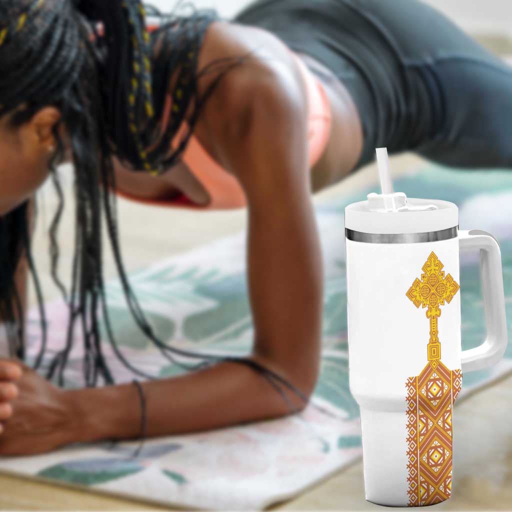 Habesha Motifs Ethiopia Tumbler With Handle Tilet White Gold LT7