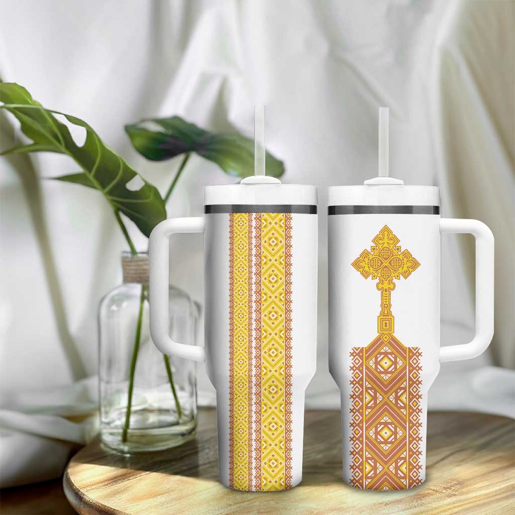 Habesha Motifs Ethiopia Tumbler With Handle Tilet White Gold LT7