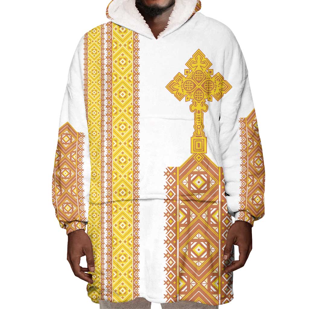 Habesha Motifs Ethiopia Wearable Blanket Hoodie Tilet White Gold LT7
