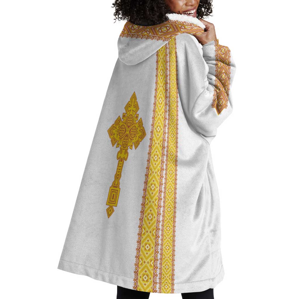 Habesha Motifs Ethiopia Wearable Blanket Hoodie Tilet White Gold LT7