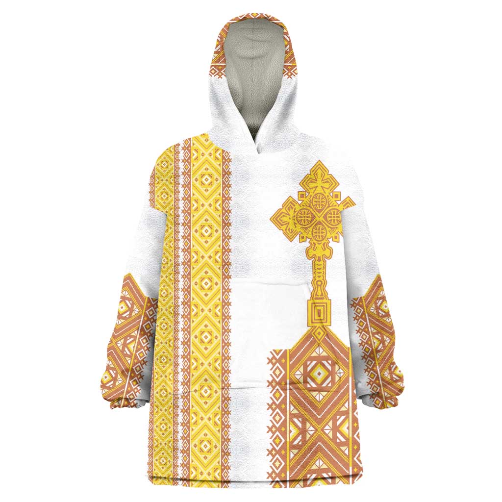 Habesha Motifs Ethiopia Wearable Blanket Hoodie Tilet White Gold LT7