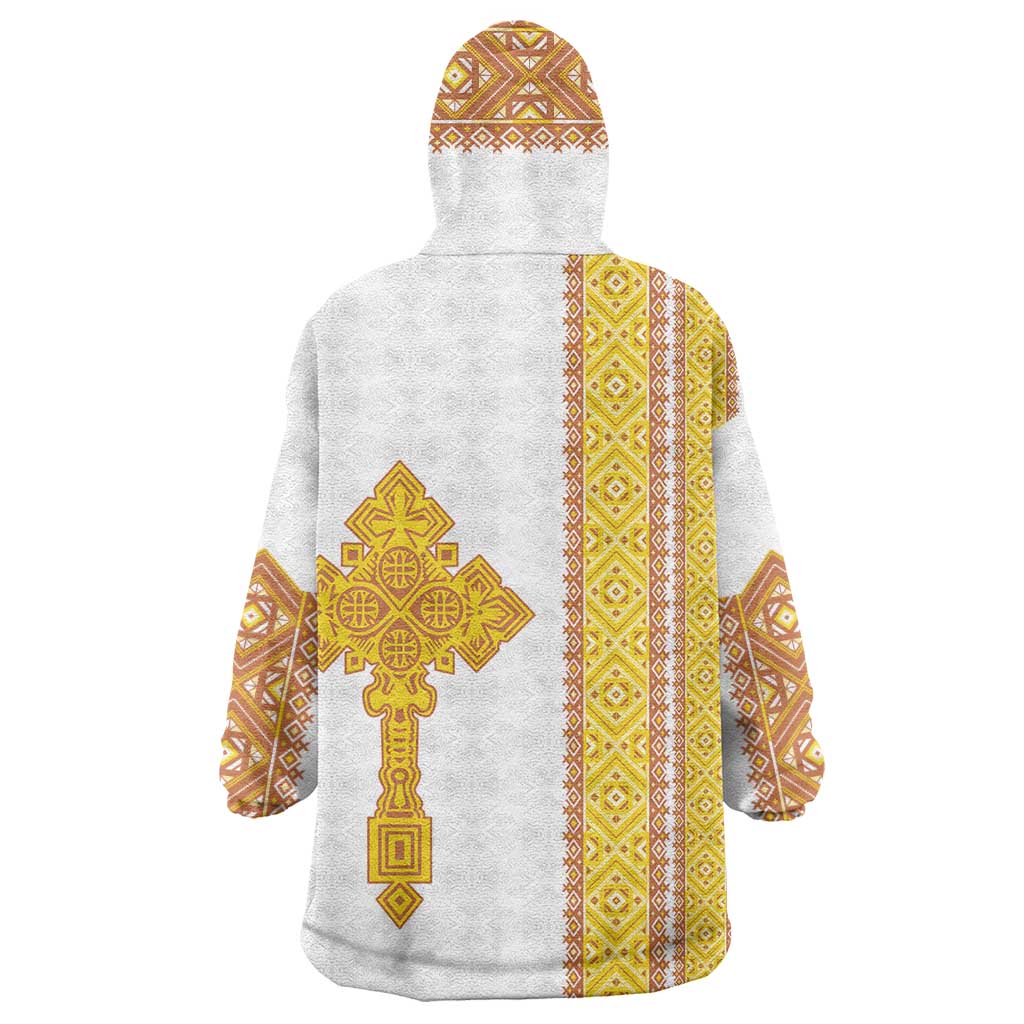 Habesha Motifs Ethiopia Wearable Blanket Hoodie Tilet White Gold LT7