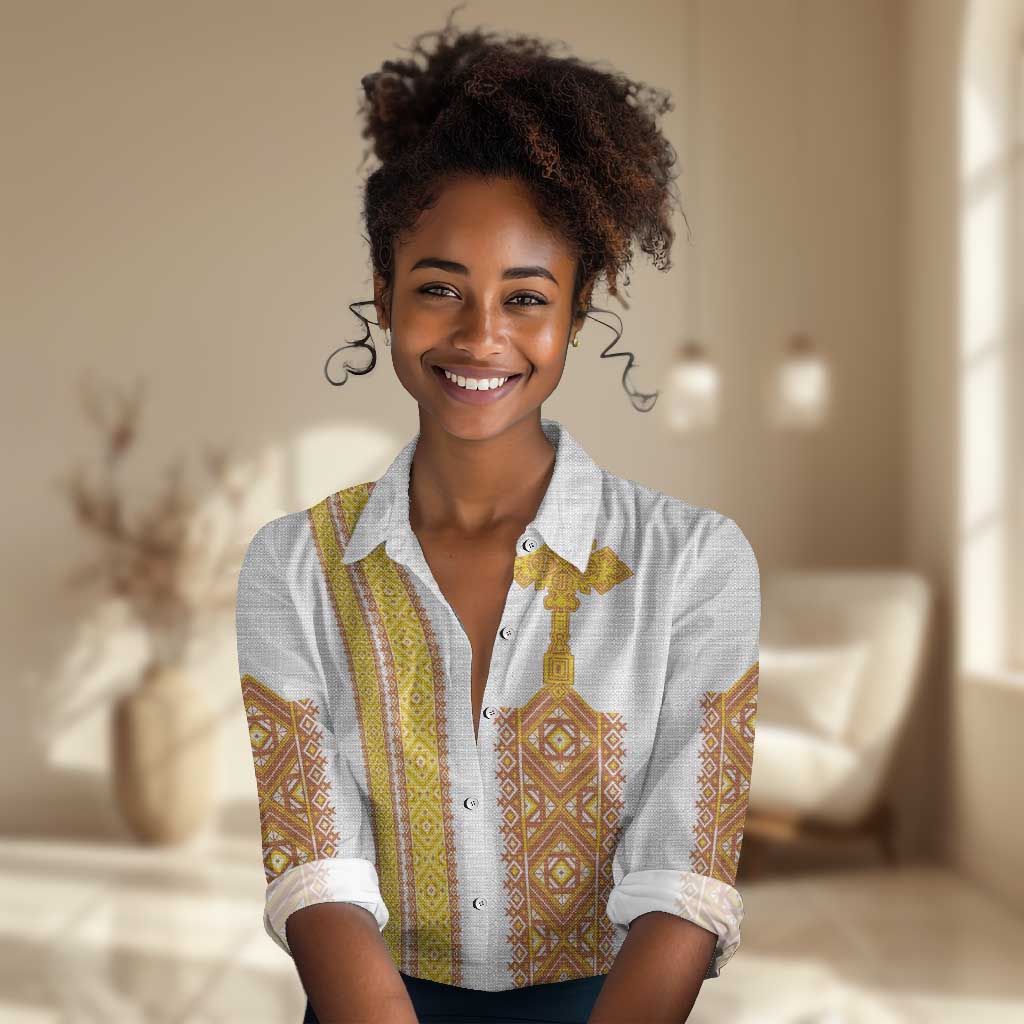 Habesha Motifs Ethiopia Women Casual Shirt Tilet White Gold LT7