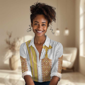 Habesha Motifs Ethiopia Women Casual Shirt Tilet White Gold LT7