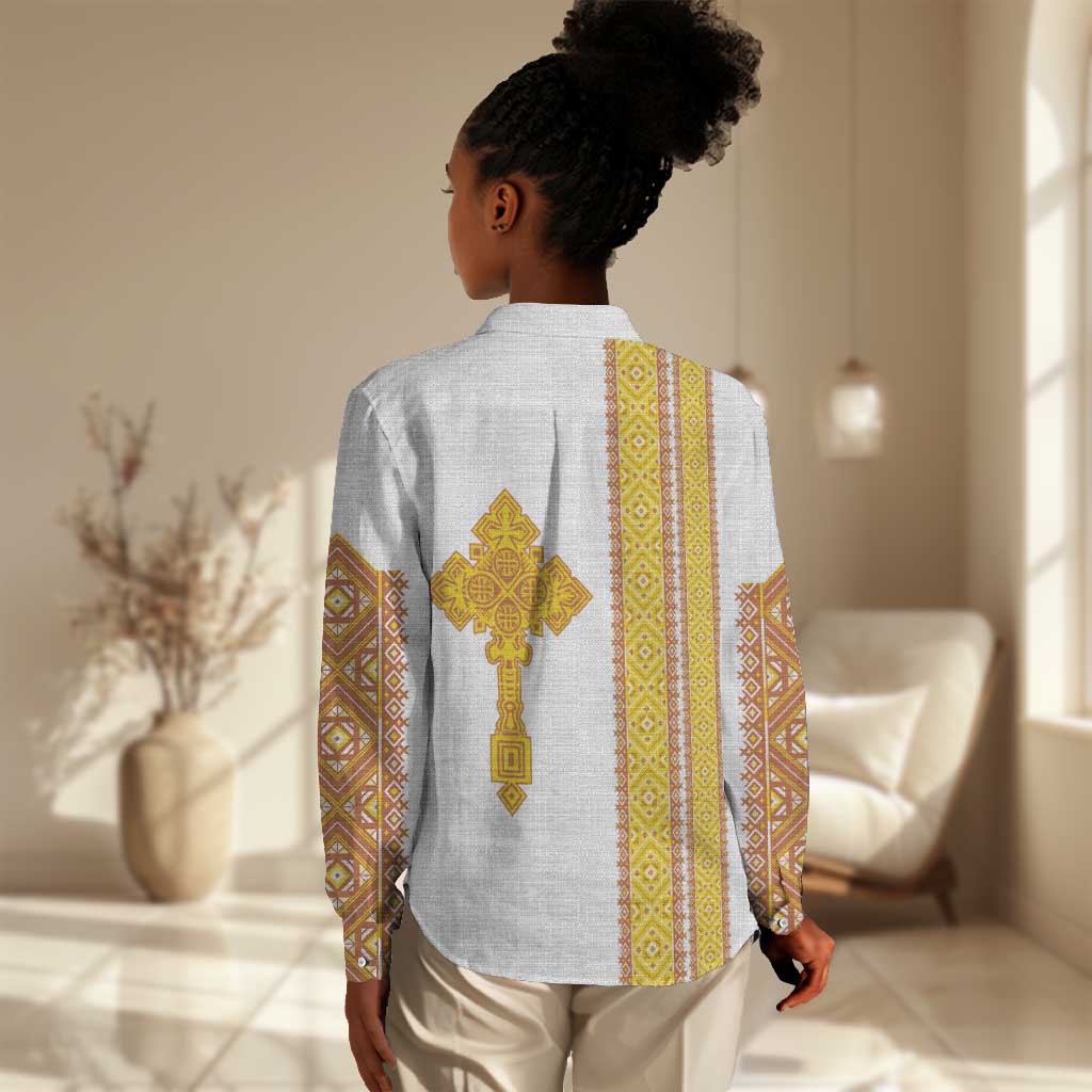 Habesha Motifs Ethiopia Women Casual Shirt Tilet White Gold LT7