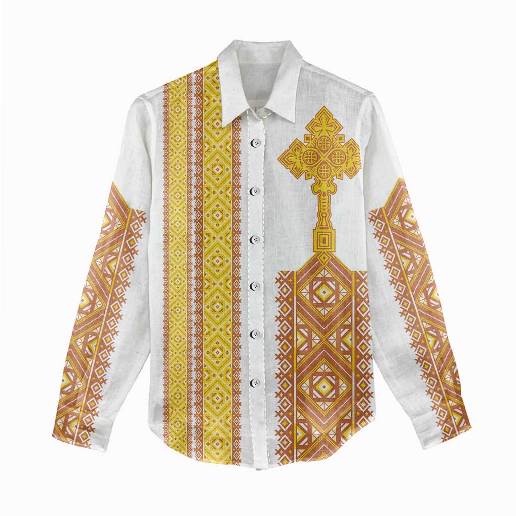 Habesha Motifs Ethiopia Women Casual Shirt Tilet White Gold LT7