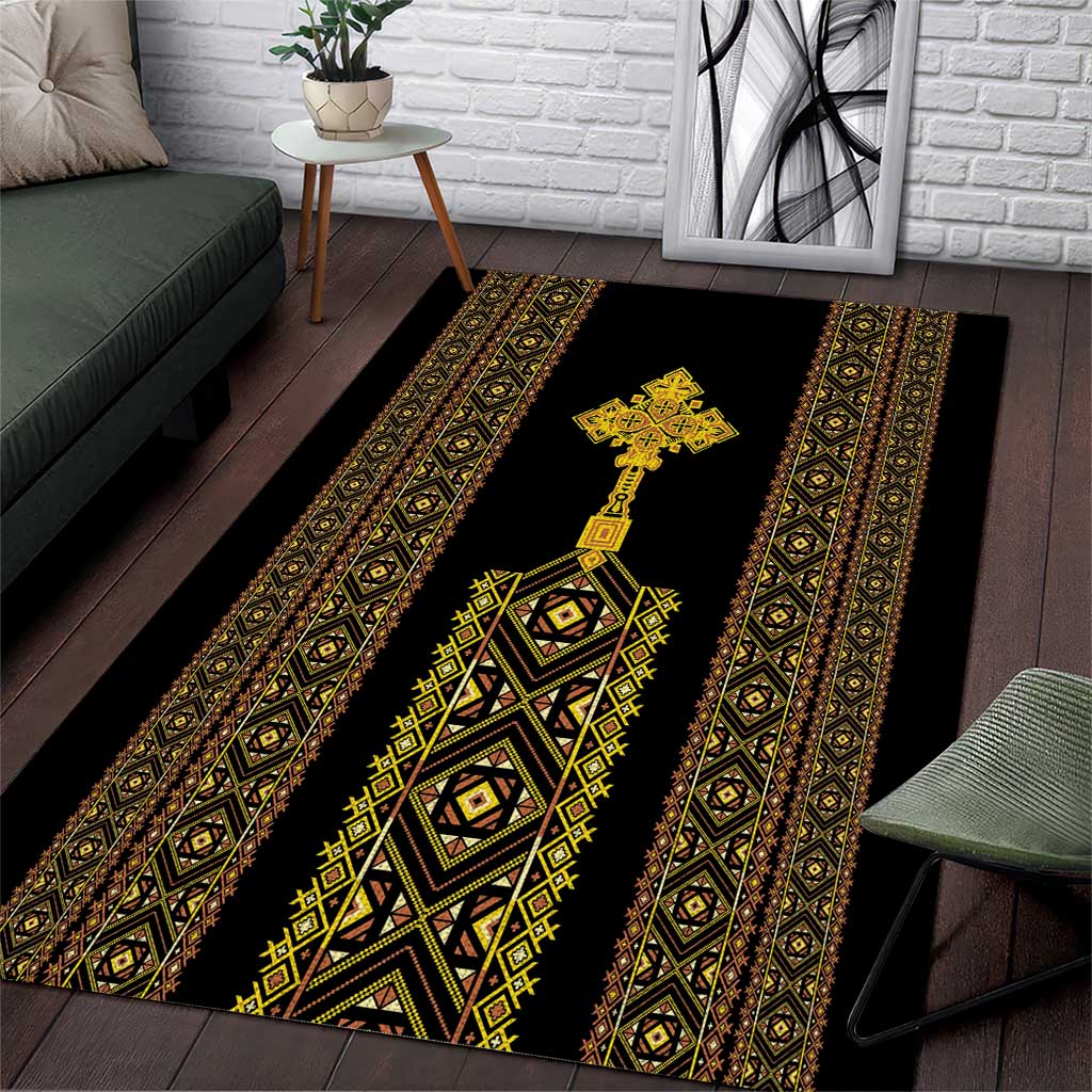 Habesha Motifs Ethiopia Area Rug Tilet Black Gold LT7