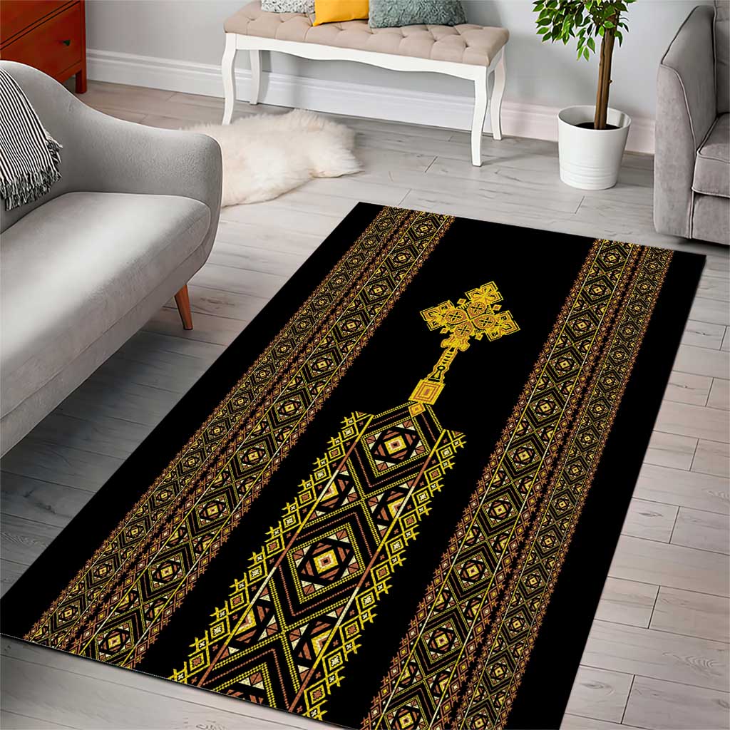 Habesha Motifs Ethiopia Area Rug Tilet Black Gold LT7