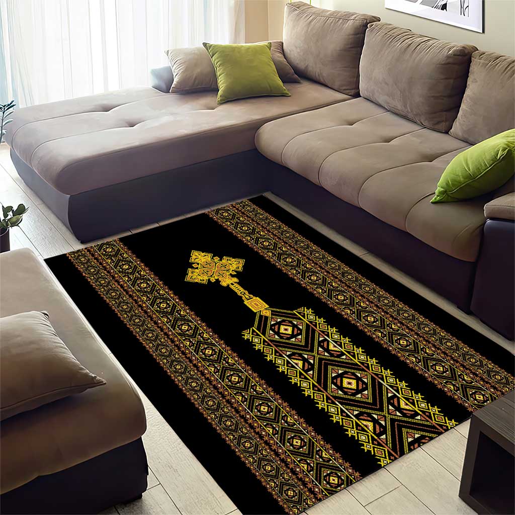 Habesha Motifs Ethiopia Area Rug Tilet Black Gold LT7